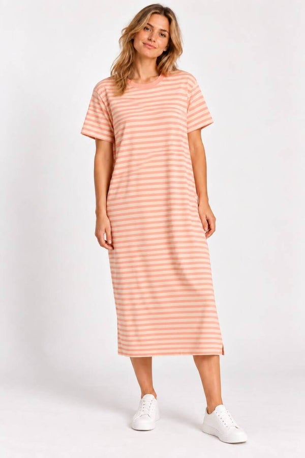 Lange streepjes jurk zalm/beige