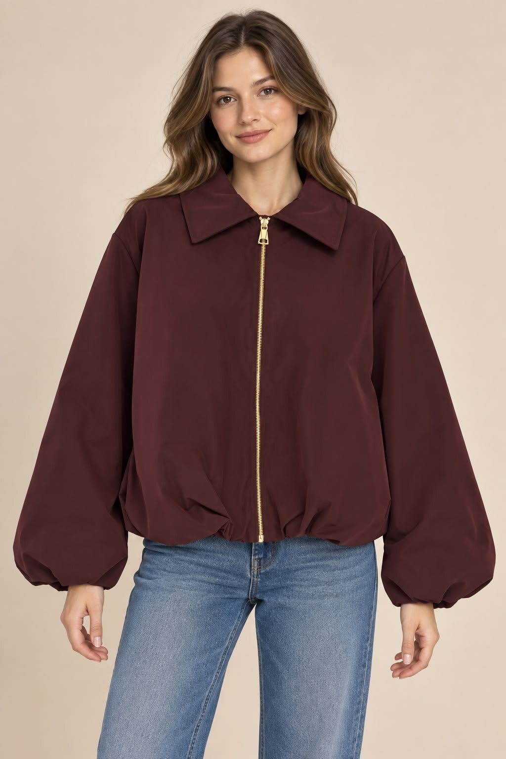 Effe jas met gouden rits aubergine 220