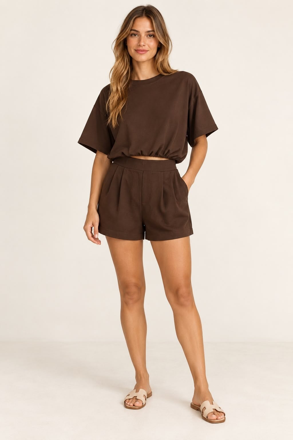 Toffe casual set met short bruin 184