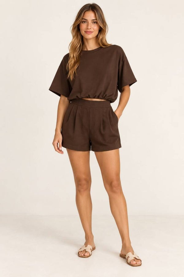 Toffe casual set met short bruin 184