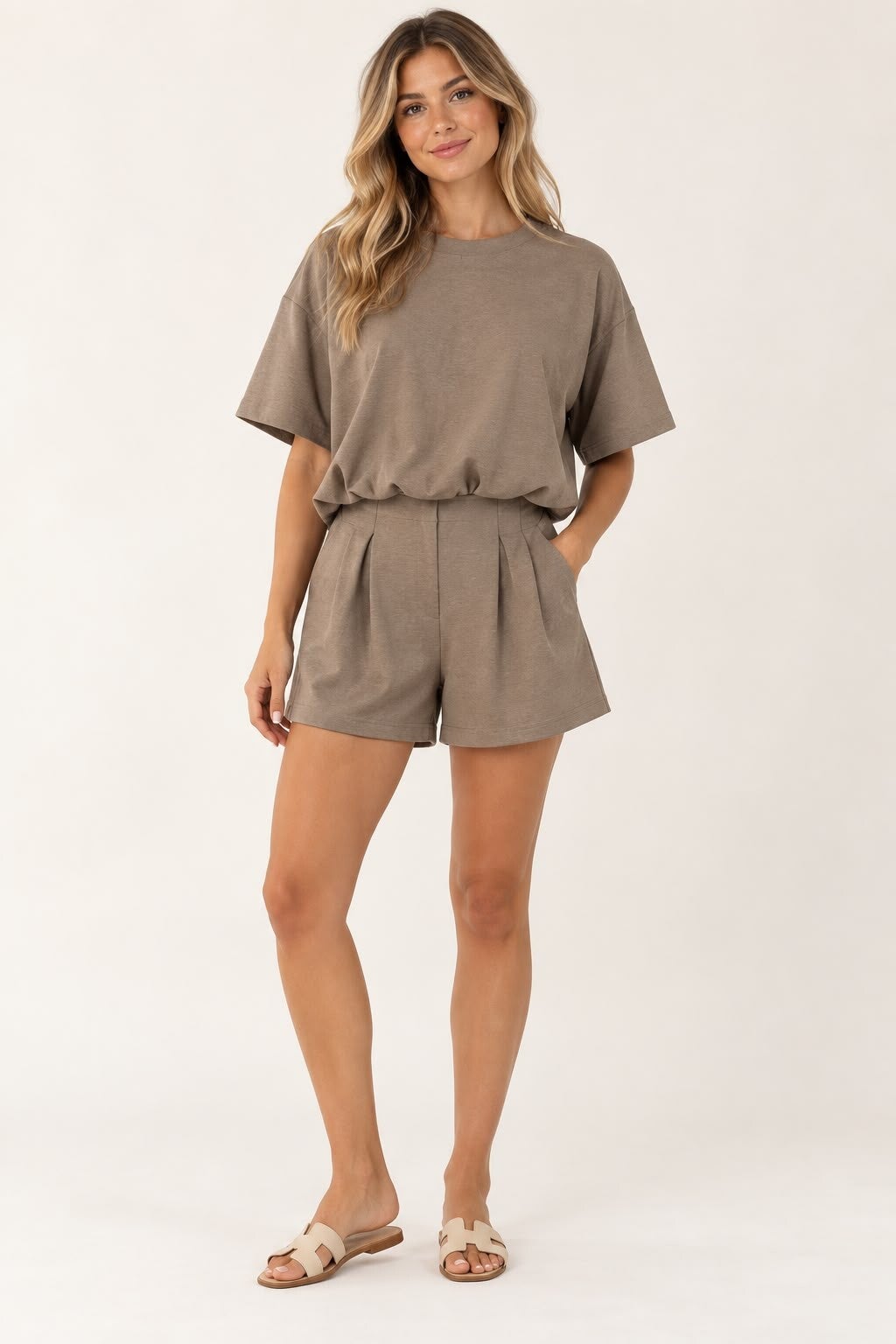 Toffe casual set met short licht bruin 181