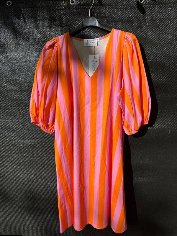 Elegante jurk met streepjes oranje/roze
