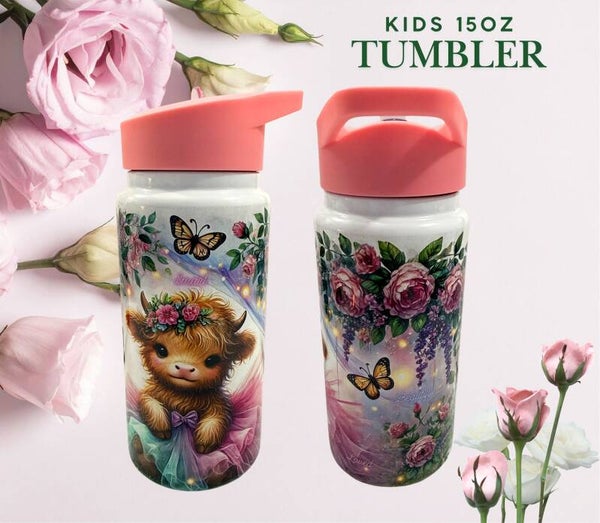 Cute Floral Highland Cow 15oz Stainless Steel Kids Tumbler with Pink Rubber Base
