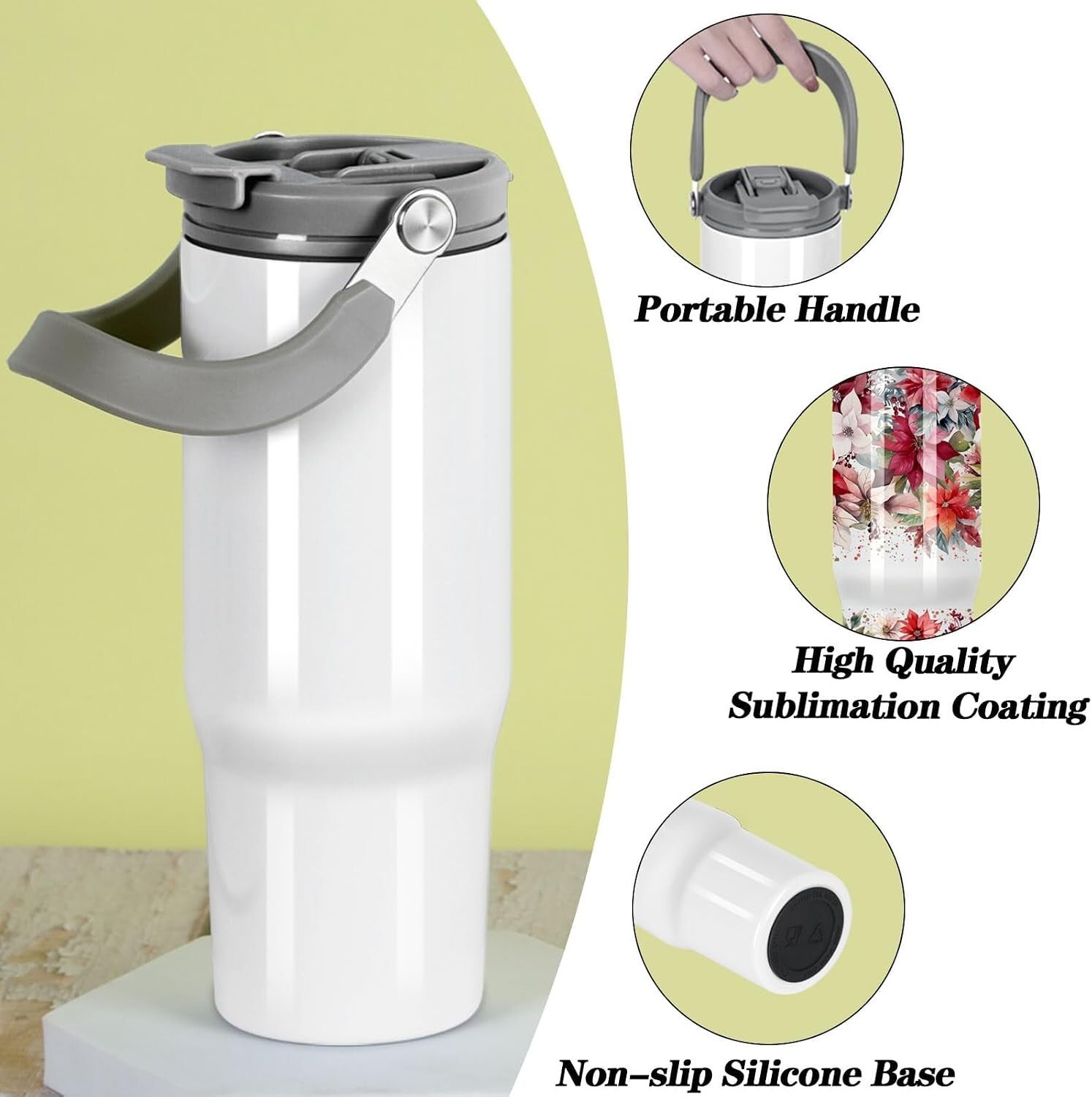 30oz Sublimation Blank Tumbler with 2-in-1 Dual Lid & Handle