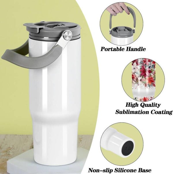 30oz Sublimation Blank Tumbler with 2-in-1 Dual Lid & Handle