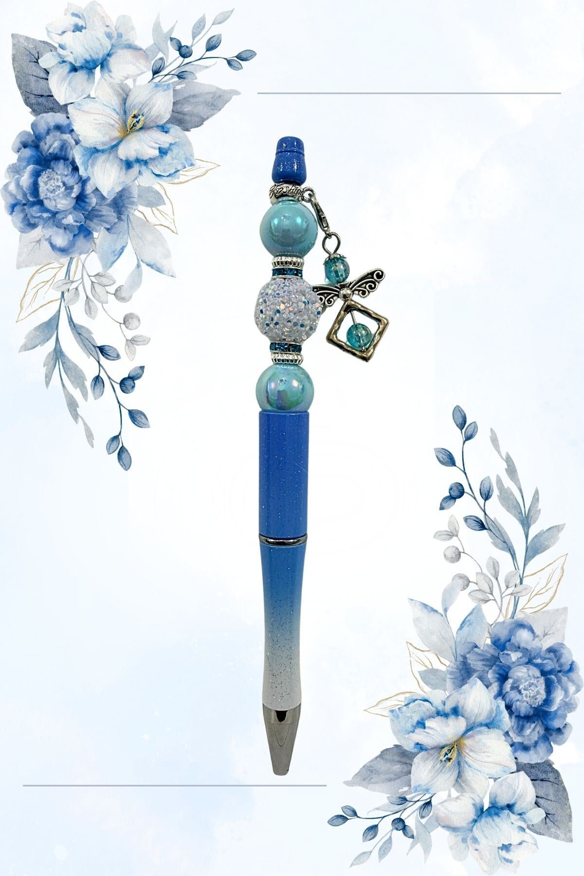 Handmade Blue Beaded Pen with Charm