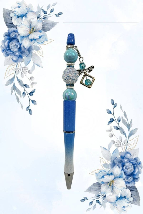 Handmade Blue Beaded Pen with Charm