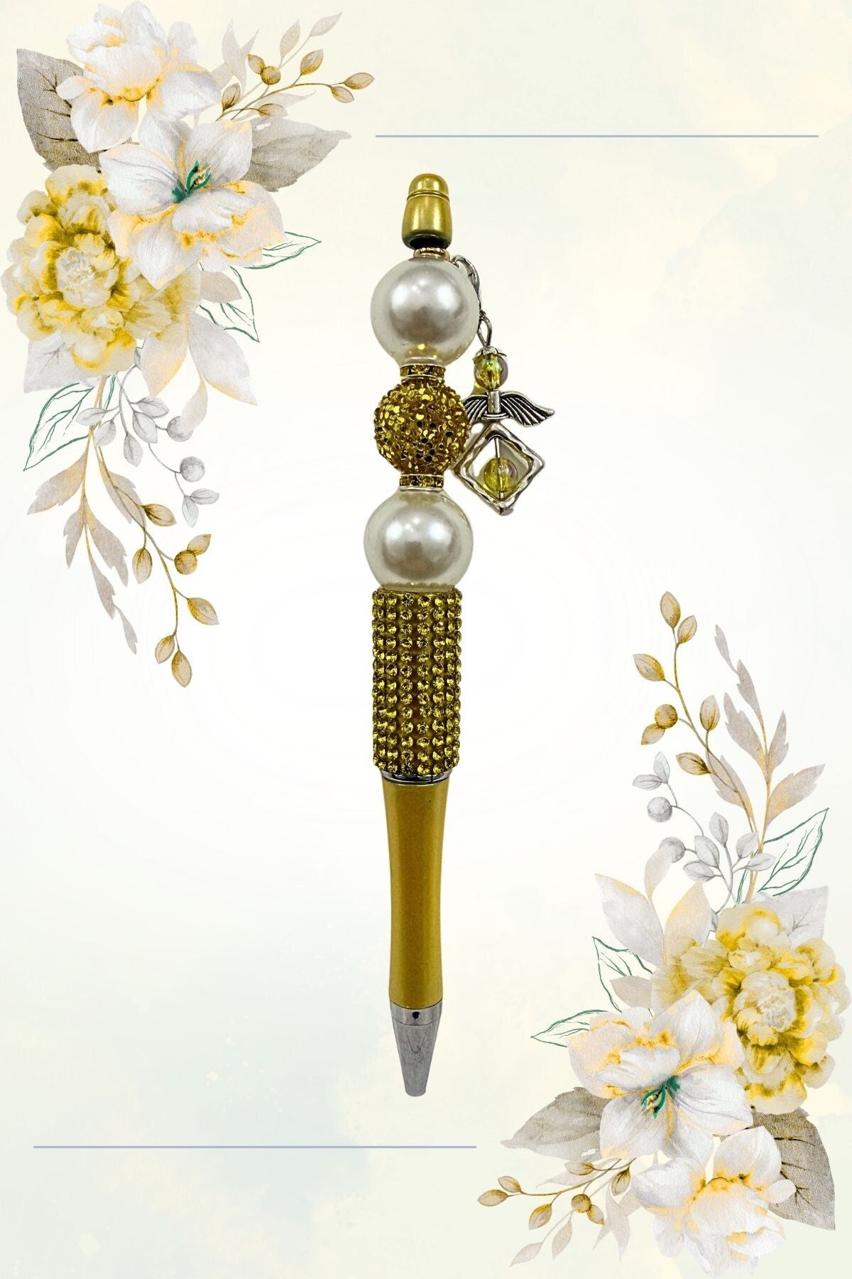 Luxurious Gold Beaded Pen with Angel Charm