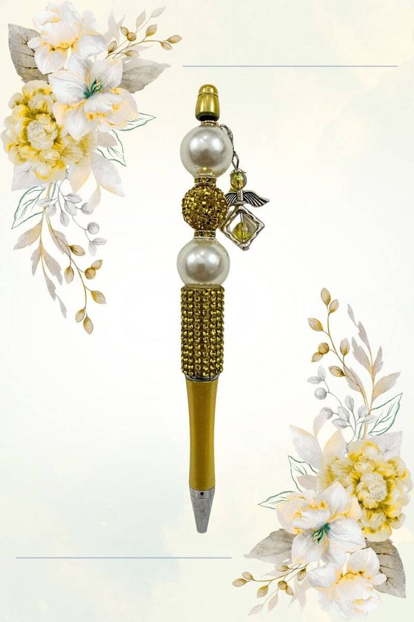 Luxurious Gold Beaded Pen with Angel Charm