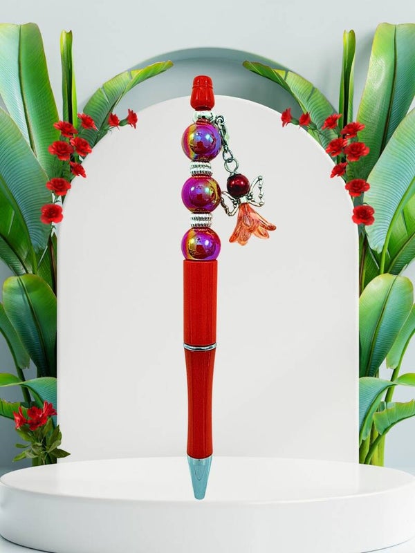 Handcrafted Iridescent Crimson Pen with Angle Charm