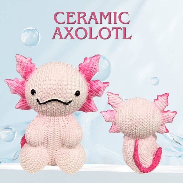 Adorable 3" Ceramic Axolotl - Faux Knit Textured Pink Desk Paperweight & Shelf Trinket (7.9 oz)