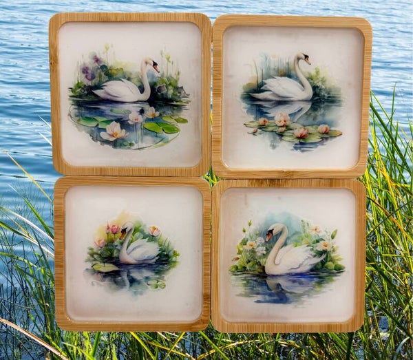 Handcrafted Swan Coaster Set (4-Piece) – Square Bamboo Drink Mats with Raised Rim