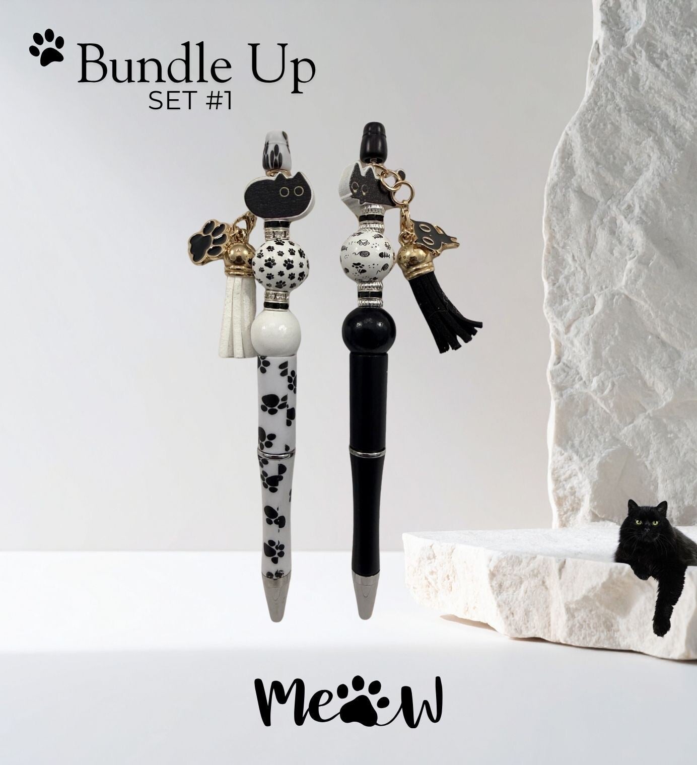 Purrfect Black Cat Pen Bundle – 2-Pack Custom Beaded Pens