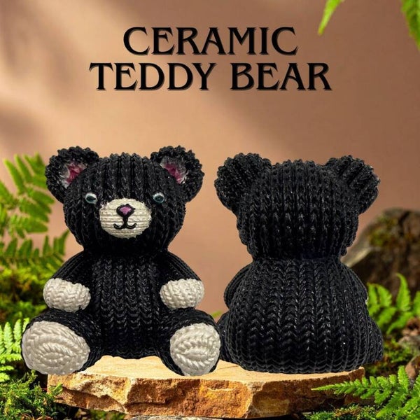 Ceramic Faux-Knit Teddy Bear Figurine – Black & White Desk Companion & Paperweight