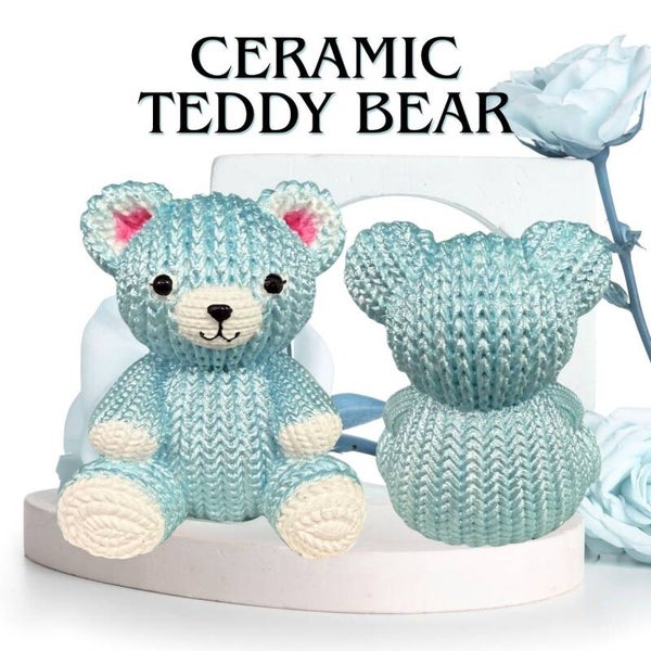 Adorable 3" Ceramic Teddy Bear - Faux Knit Textured Blue Desk Paperweight & Shelf Trinket (7.9 oz)