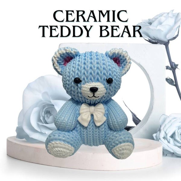 3" Ceramic Teddy Bear Figurine – Cute Knit-Texture Paperweight & Nursery Decor