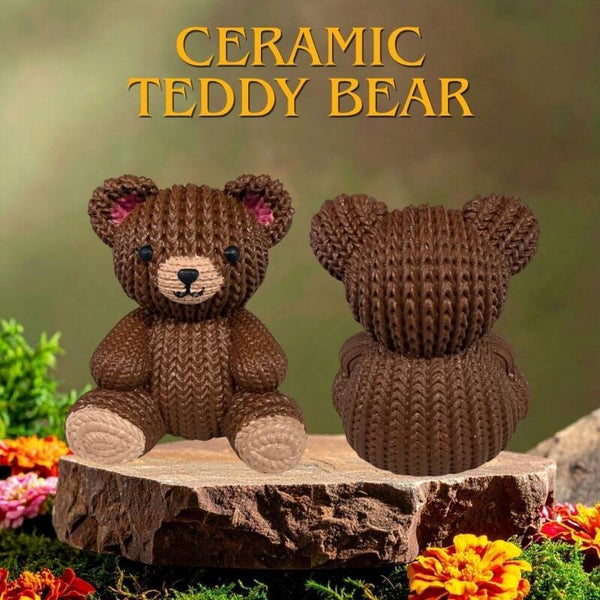 Adorable 3" Ceramic Teddy Bear - Faux Knit Textured Brown Desk Paperweight & Shelf Trinket (7.9 oz)