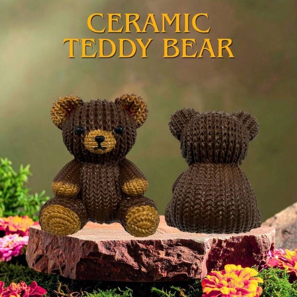 Brown Ceramic Teddy Bear Figurine, 3" Faux Knit Texture Desk Decor
