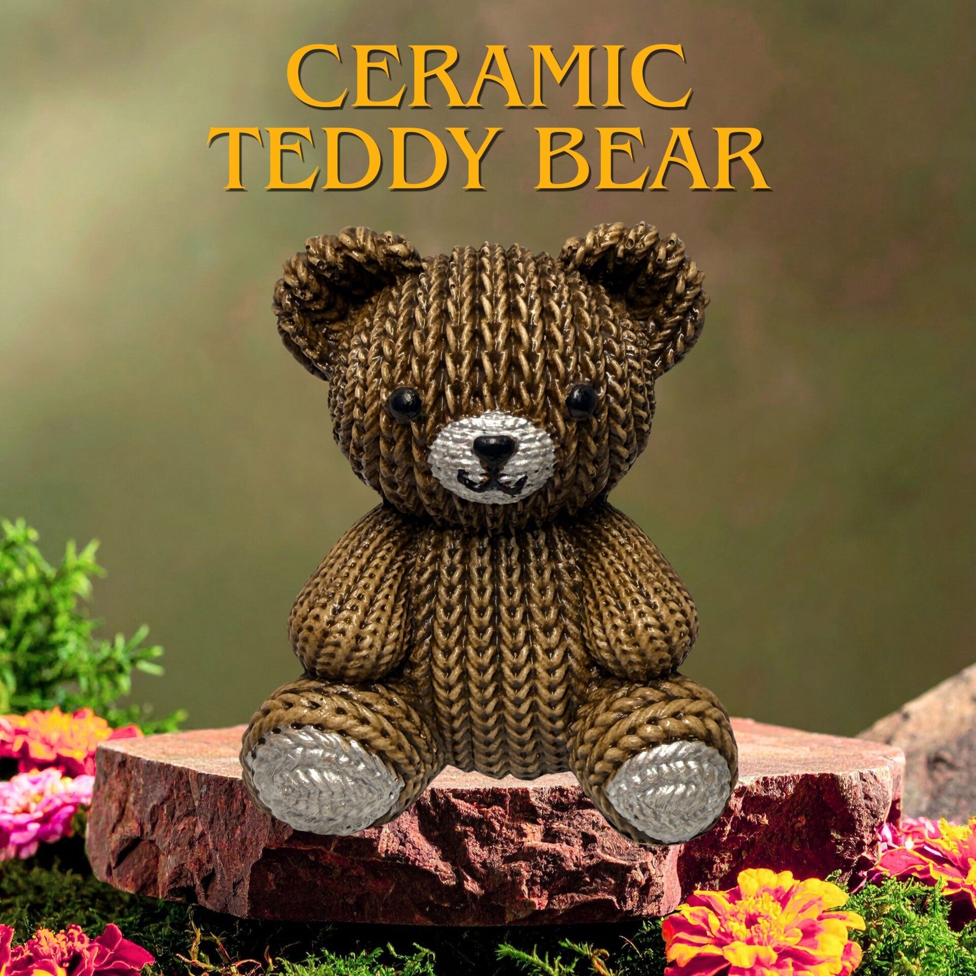 Brown Ceramic Teddy Bear Figurine, 3" Faux Knit Texture Desk Decor