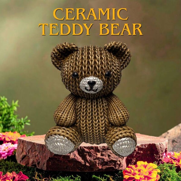 Brown Ceramic Teddy Bear Figurine, 3" Faux Knit Texture Desk Decor