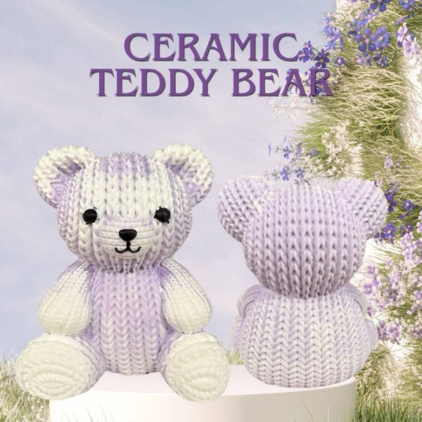 Adorable 3" Ceramic Teddy Bear - Faux Knit Textured Purple Desk Paperweight & Shelf Trinket (7.9 oz)