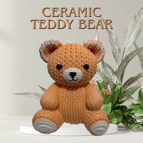 3" Ceramic Teddy Bear Figurine – Cute Knit-Texture Orange Bear