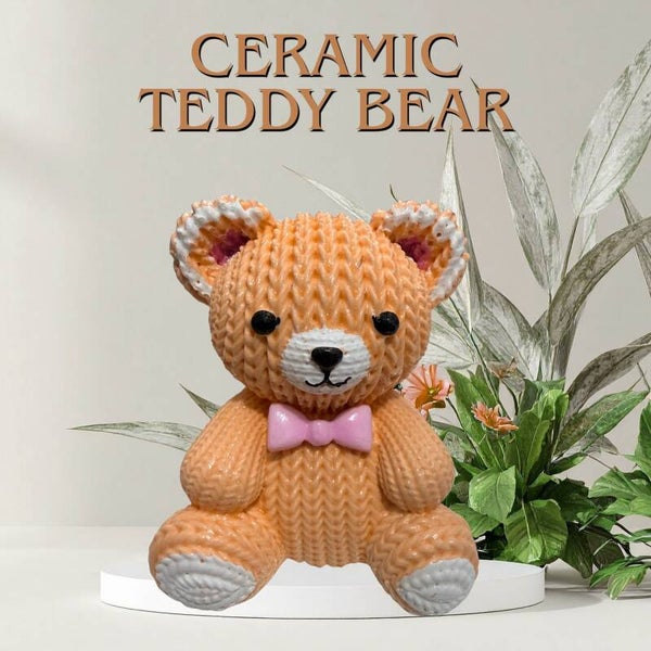3" Ceramic Teddy Bear Figurine – Cute Knit-Texture Orange Bear with Pink Bow Tie