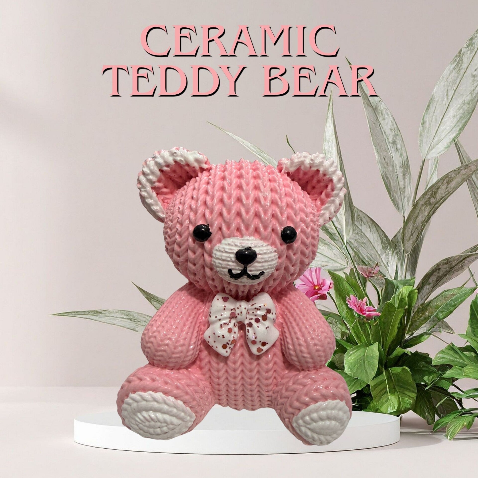 3" Pink Ceramic Teddy Bear Figurine – Faux Knit Texture Desk Paperweight & Trinket Gift