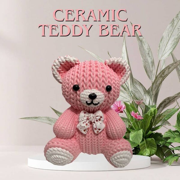 3" Pink Ceramic Teddy Bear Figurine – Faux Knit Texture Desk Paperweight & Trinket Gift