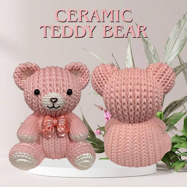 3" Pink Ceramic Teddy Bear Figurine – Faux Knit Texture Desk Paperweight & Trinket Gift