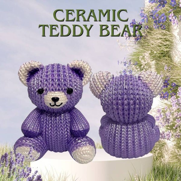Adorable 3" Purple Faux-Knit Ceramic Teddy Bear Figurine, Paperweight & Shelf Trinket