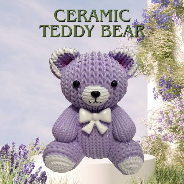3" Ceramic Teddy Bear Figurine – Cute Knit-Texture Purple Bear with White Bow Tie