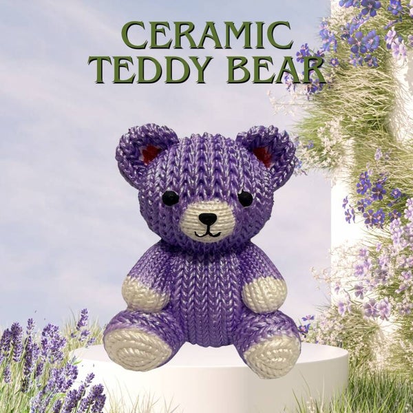 Adorable 3" Purple Faux-Knit Ceramic Teddy Bear Figurine, Paperweight & Shelf Trinket