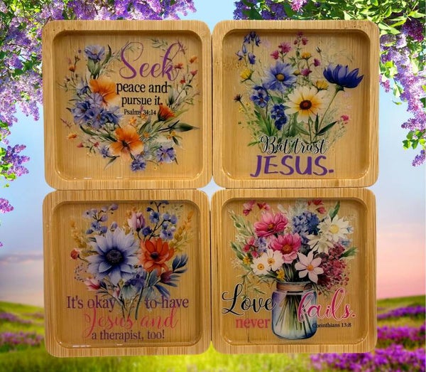 Set of 4 Handcrafted Floral Scripture Bamboo Coasters