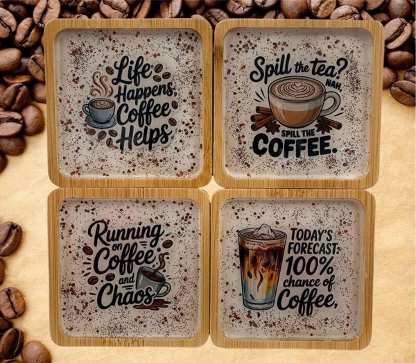 Set of 4 Handcrafted Funny Coffee Quotes Bamboo Coasters