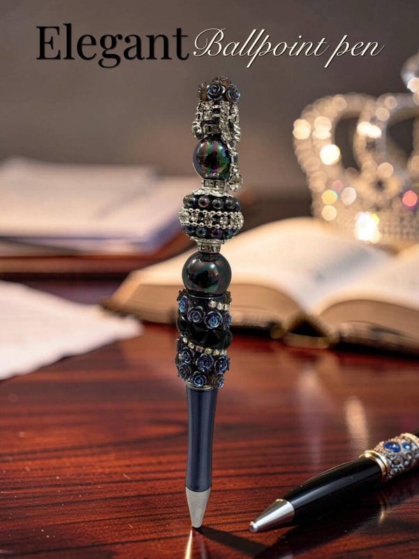 Elegant Dark Blue Crown Beaded Ballpoint Pen