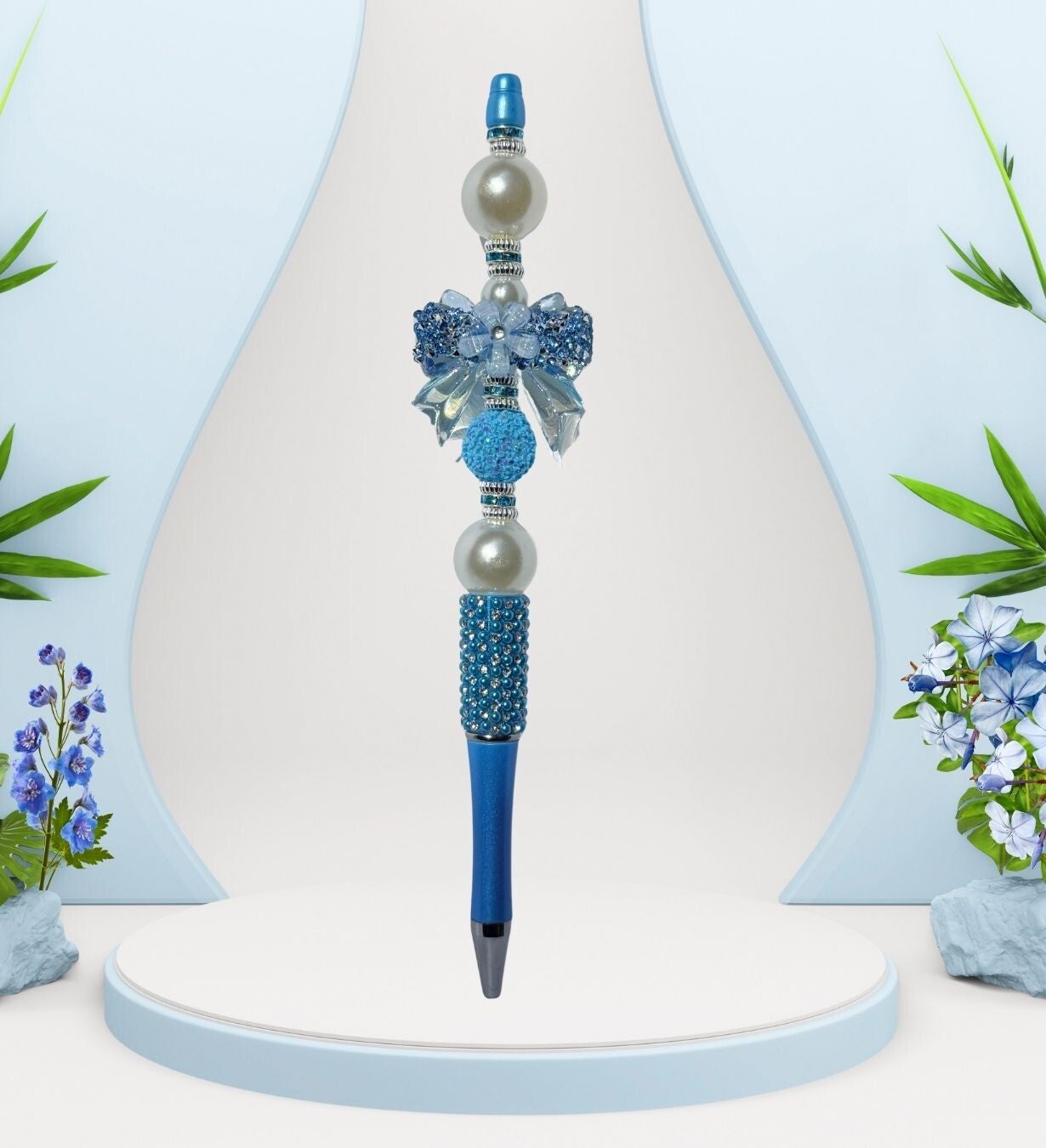 7.5" Blue Rhinestone Beadable Pen with Bow Accent & Extra Ink Refill