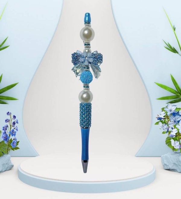 7.5" Blue Rhinestone Beadable Pen with Bow Accent & Extra Ink Refill