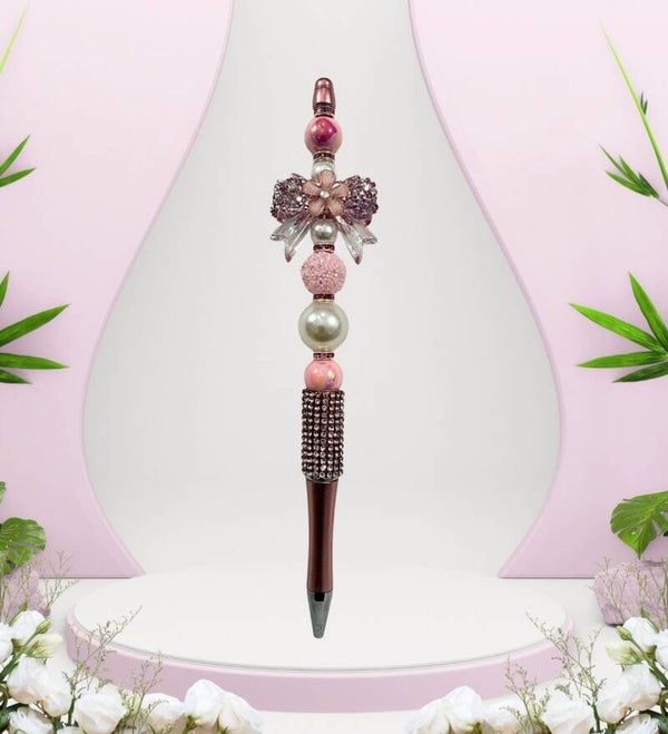 7.5" Rose Gold & Pink Luxury Beaded Pen – Rhinestone Bow Custom Pen