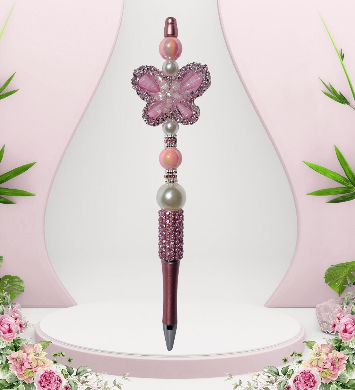 7.5" Pink Butterfly Beadable Pen with Rhinestones & Extra Ink Refill