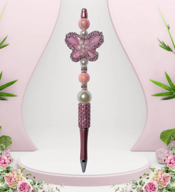 7.5" Pink Butterfly Beadable Pen with Rhinestones & Extra Ink Refill