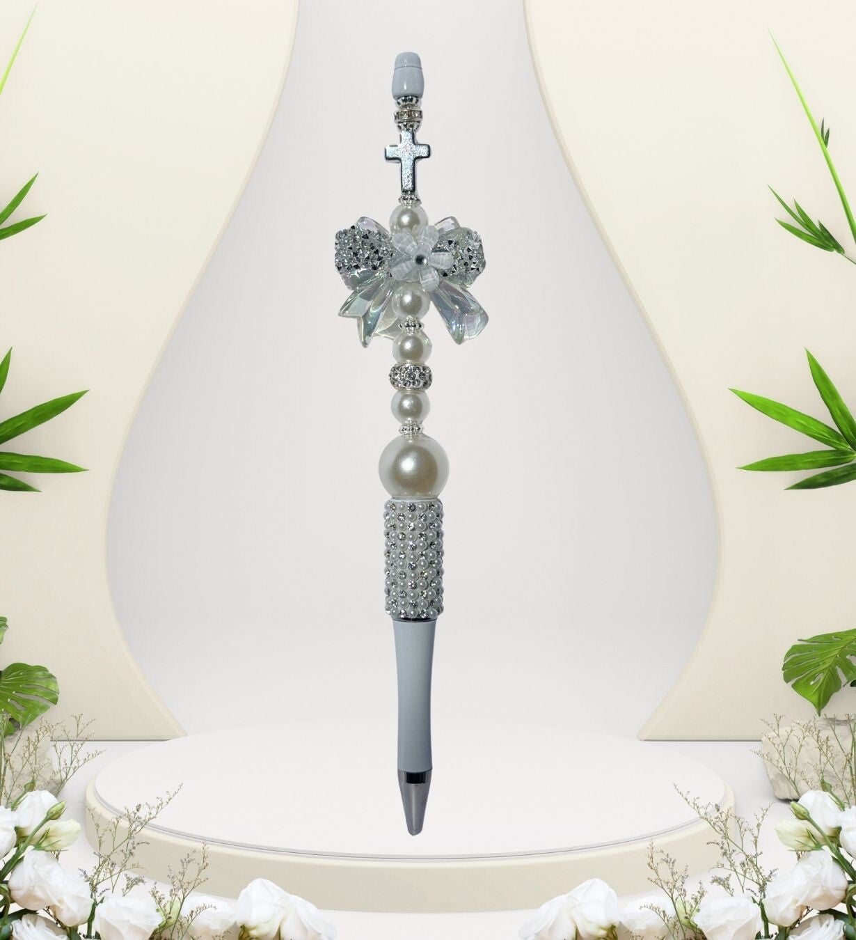 7.5" White & Silver Cross Beadable Pen with Bow & Extra Ink Refill