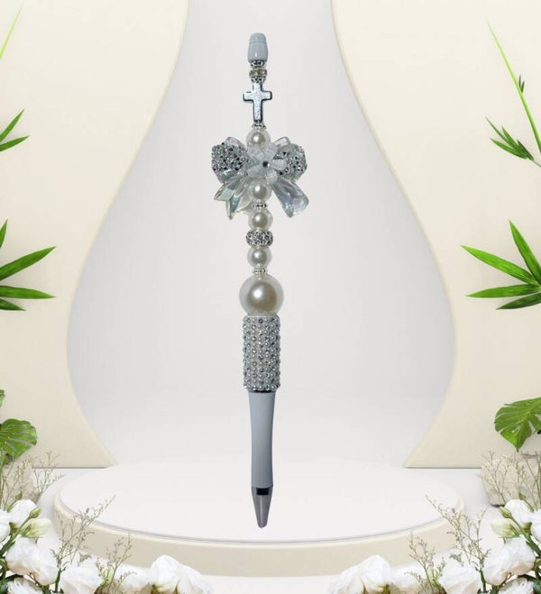 7.5" White & Silver Cross Beadable Pen with Bow & Extra Ink Refill