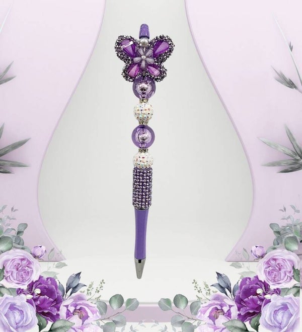 7.5" Purple Majesty Luxury Beaded Pen – Rhinestone Butterfly Custom Pen
