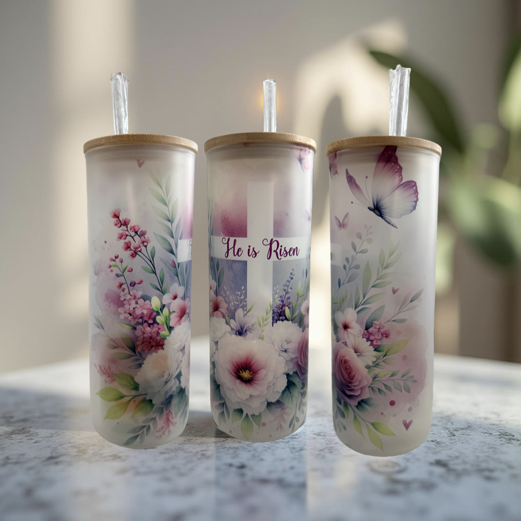 He is Risen Floral with Cross 25oz Frosted Glass Tumber with Bamboo Lid and Glass Straw