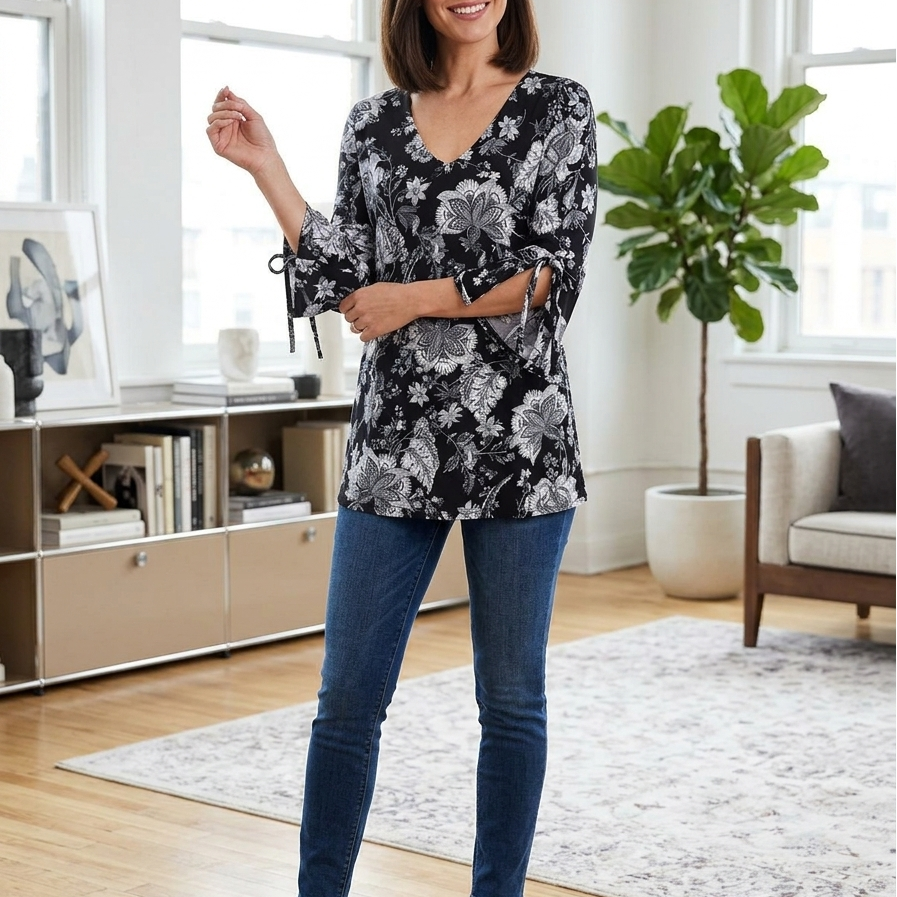 Bleecker & McDougal Black & White Floral Tie-Sleeve Top