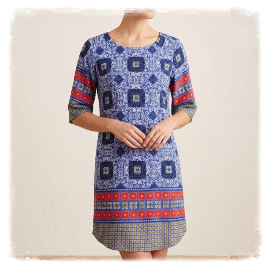 Adrienne Boho Geometric Tile Print Shift Dress – Blue, Red & Green