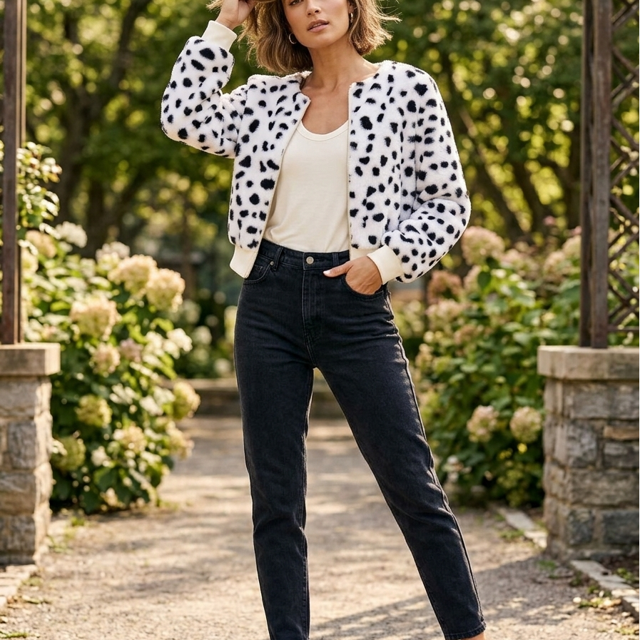 Dalmatian Spotted Faux Fur Zip-Up Bomber Jacket