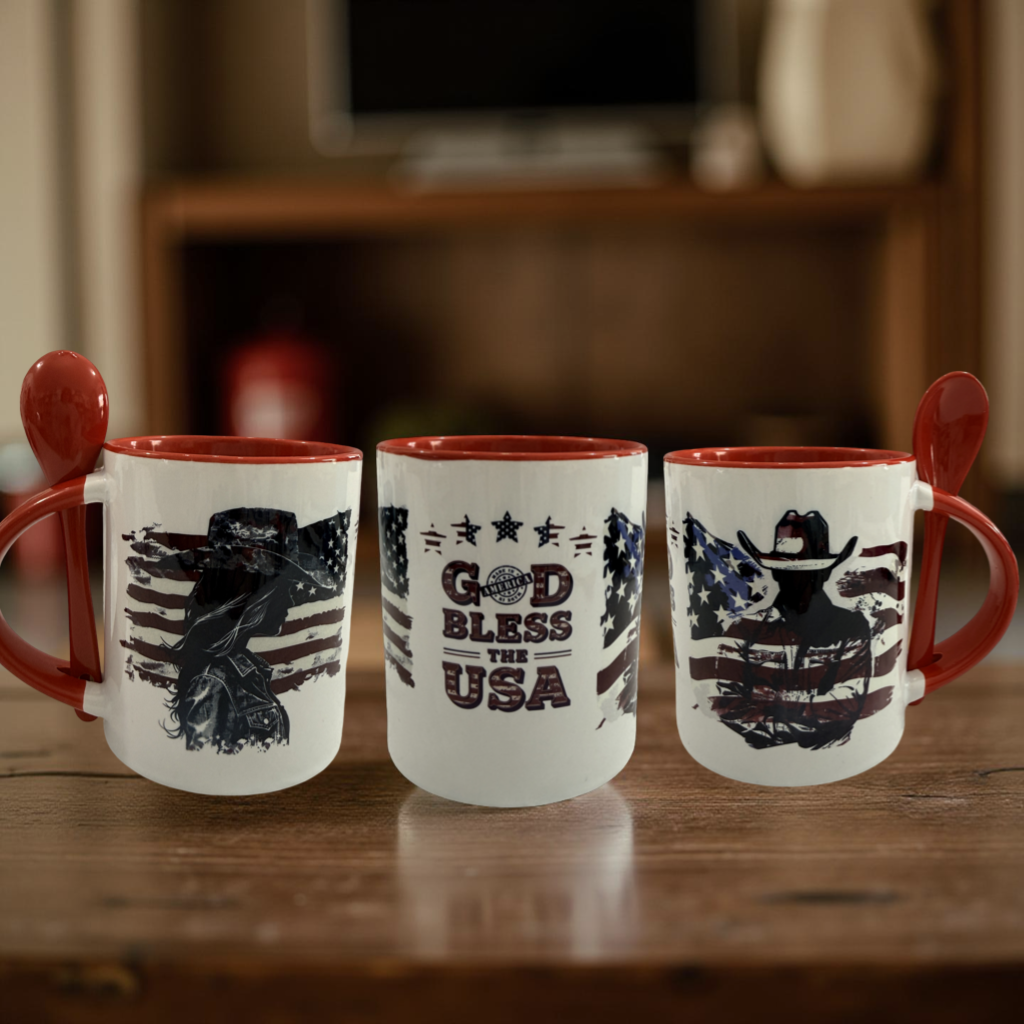 Patriotic "God Bless the USA" Ceramic Mug with Matching Spoon