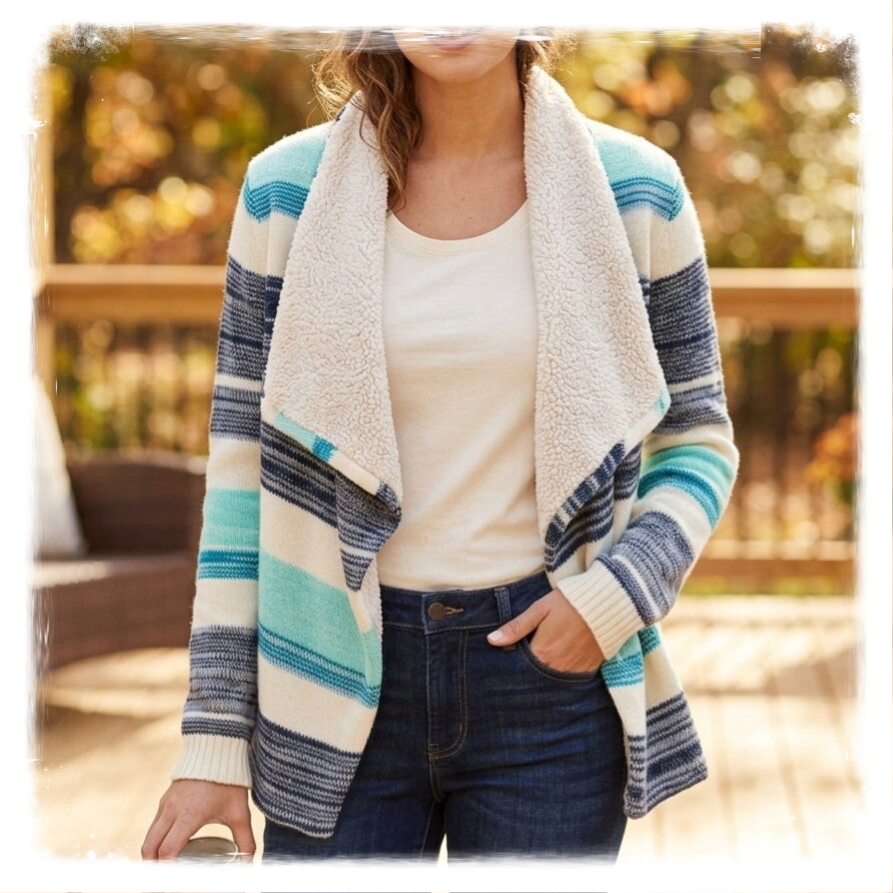 Love by Design Striped Fleece-Lined Drape Cardigan – Size Small
